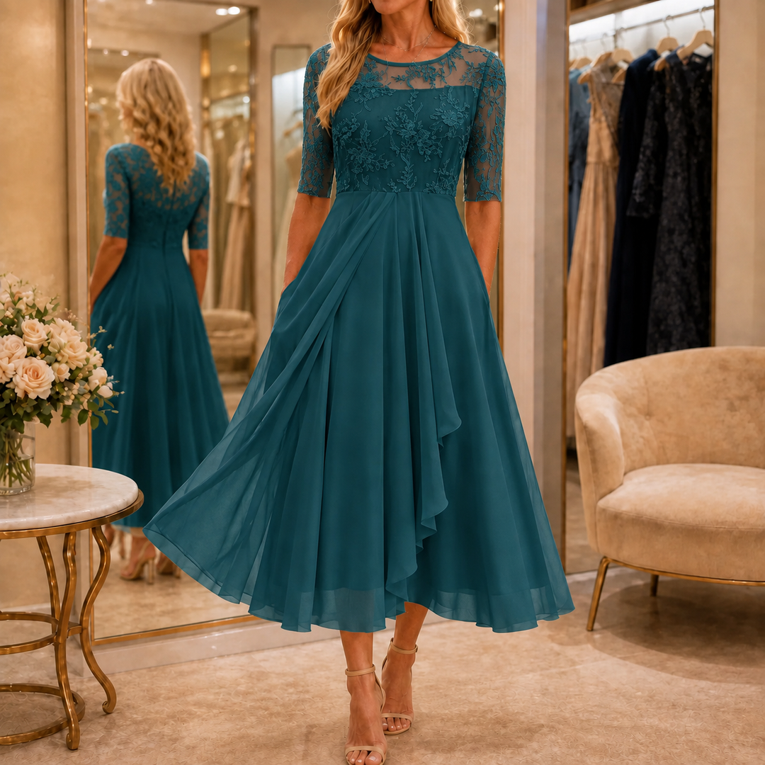 Elowen | Embroidered Lace Bodice Midi Dress for Weddings