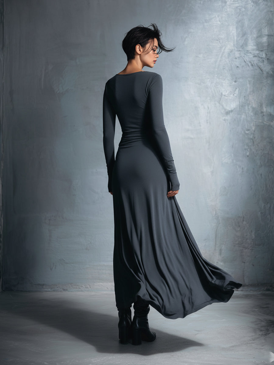 Mira | Gray Exquisite Stretch Blended Fabric Wrap Dress - Knotted Maxi Dress