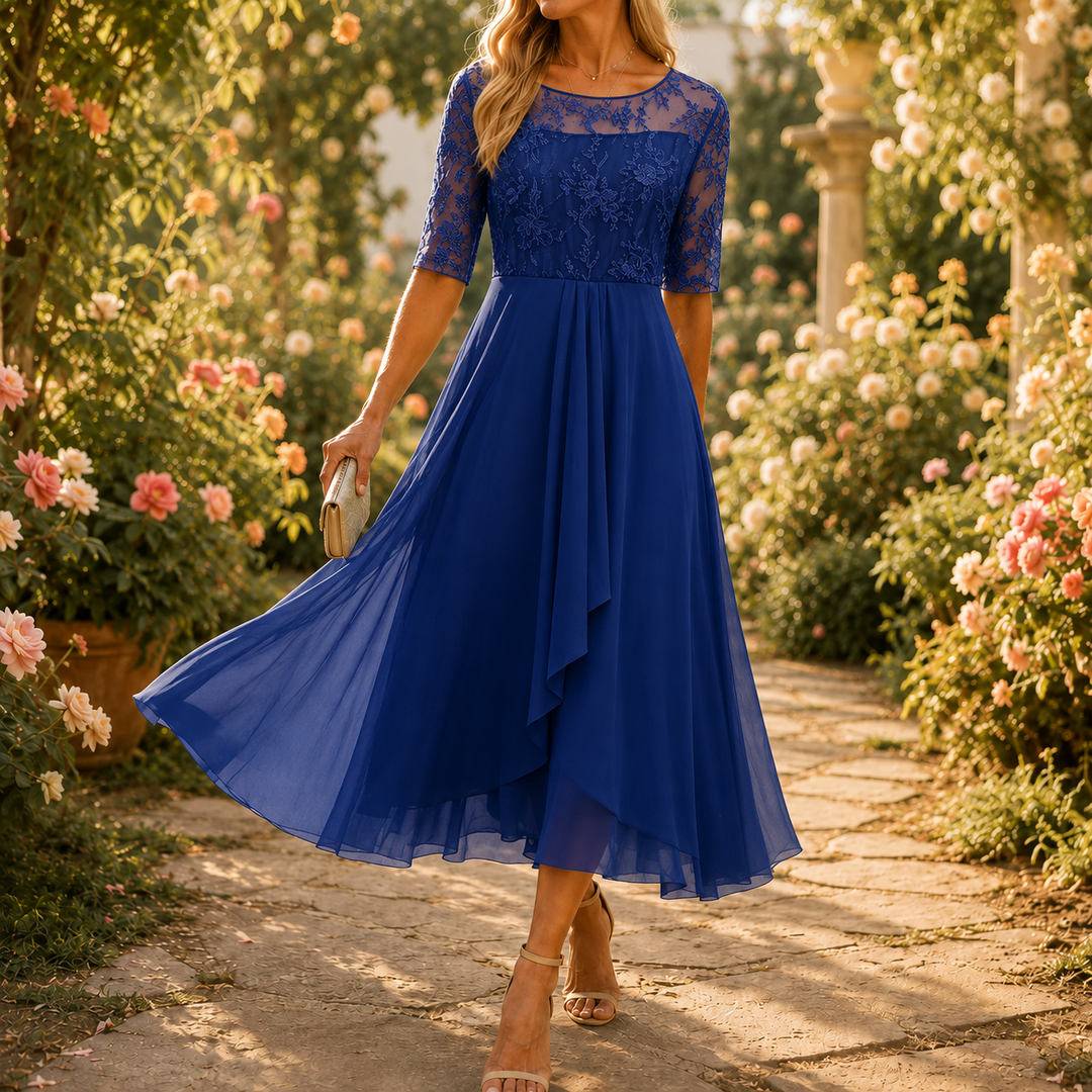 Elowen | Embroidered Lace Bodice Midi Dress for Weddings