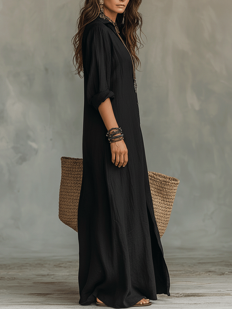 Taylor | Black Button-Front Bohemian Shirt Maxi Dress