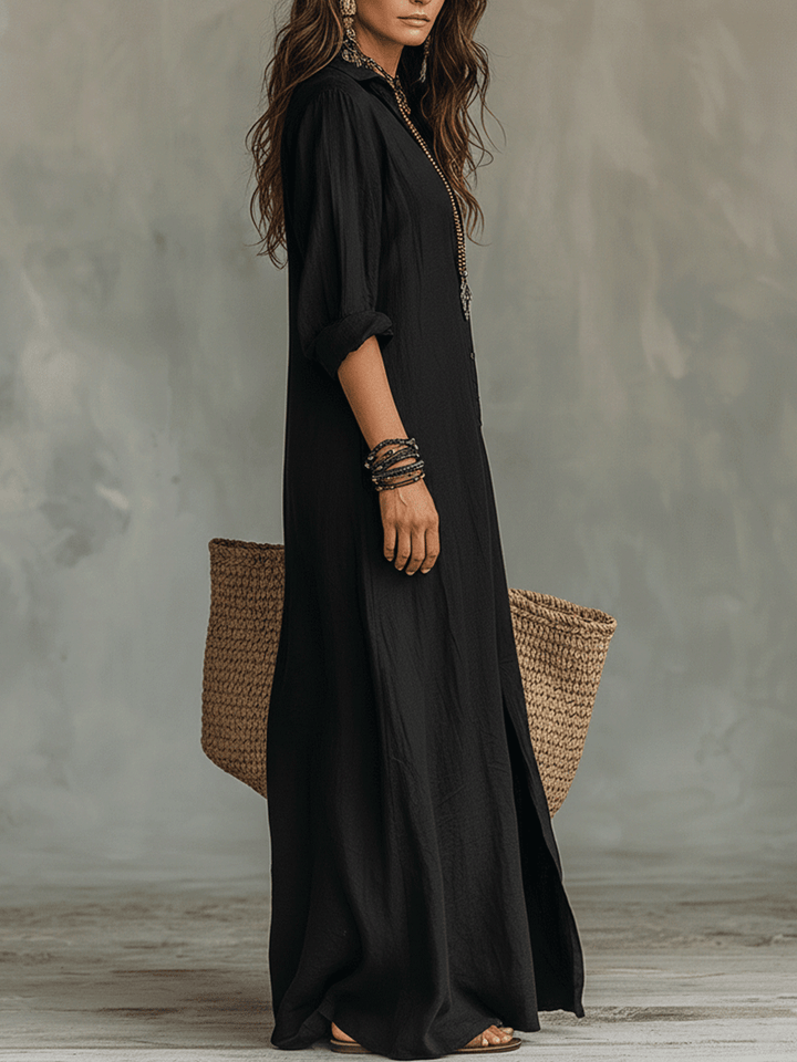 Taylor | Black Button-Front Bohemian Shirt Maxi Dress