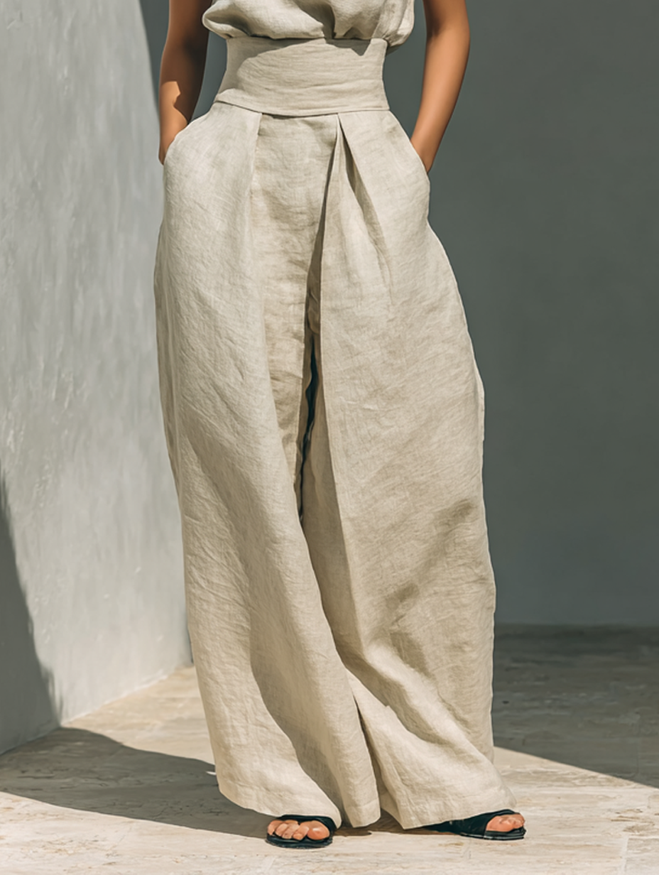 Serena | Set consisting of a sleeveless blouse and wide-leg pants, in a cotton-linen blend fabric