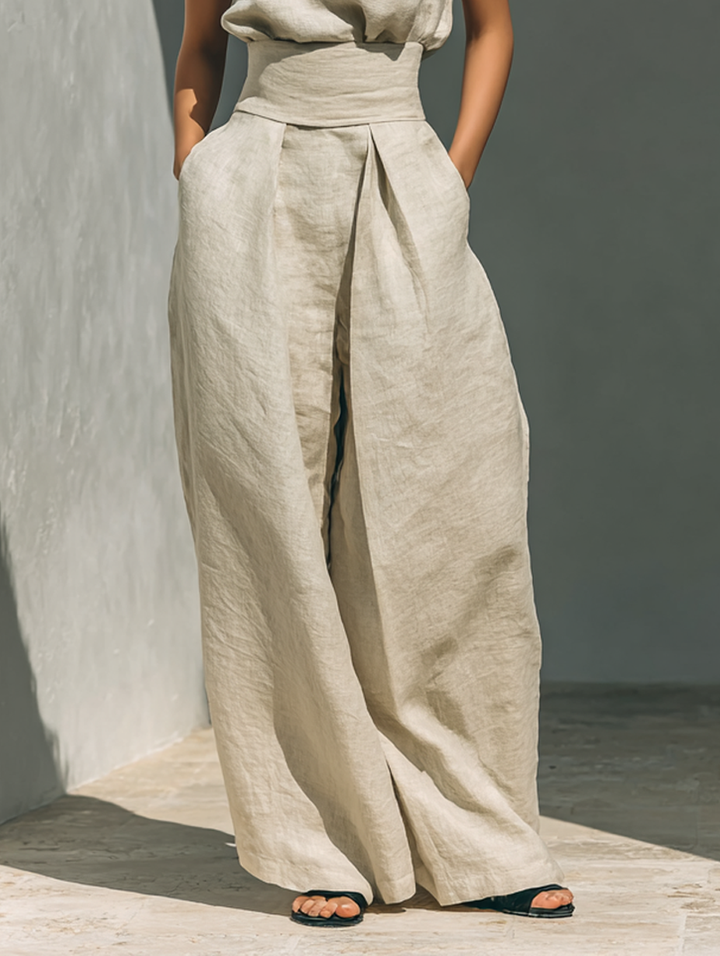 Serena | Set consisting of a sleeveless blouse and wide-leg pants, in a cotton-linen blend fabric