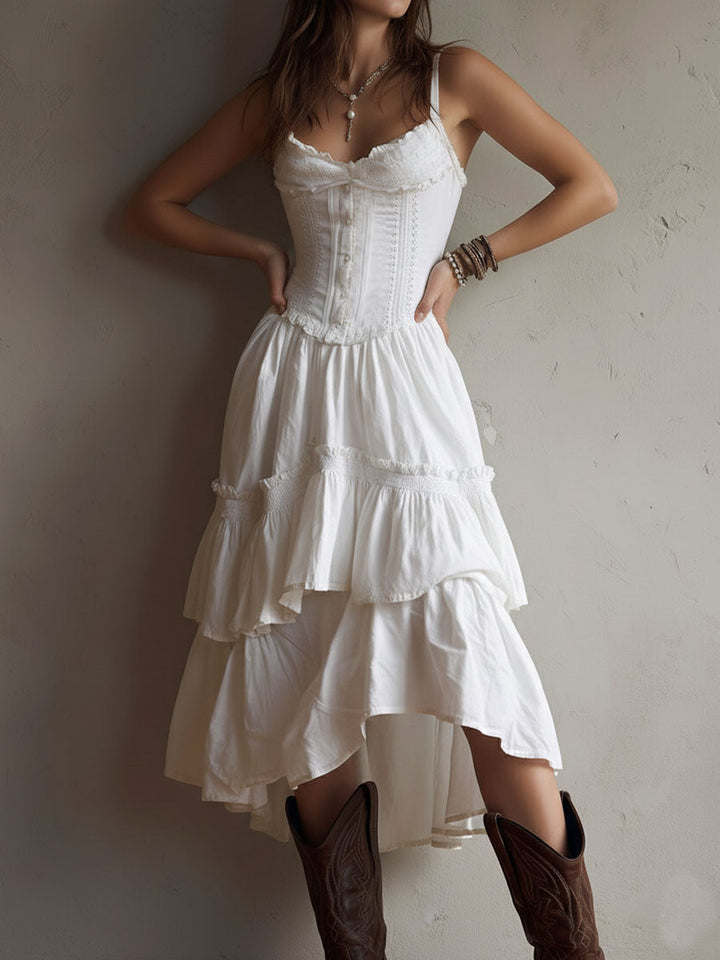 Rian | Retro Boho Corset Tiered Midi Dress With Lace-Trim