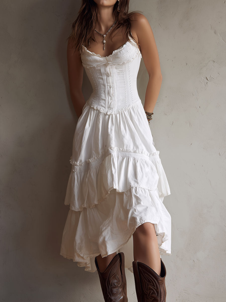 Rian | Retro Boho Corset Tiered Midi Dress With Lace-Trim