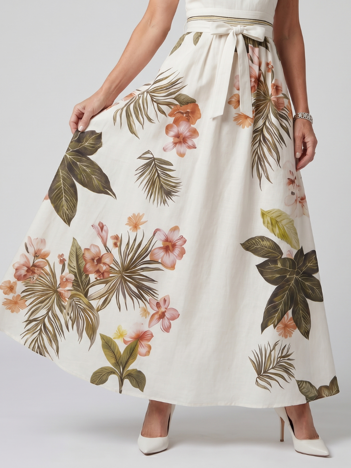 Meadow | Maxi dress with draped neckline and botanical inserts