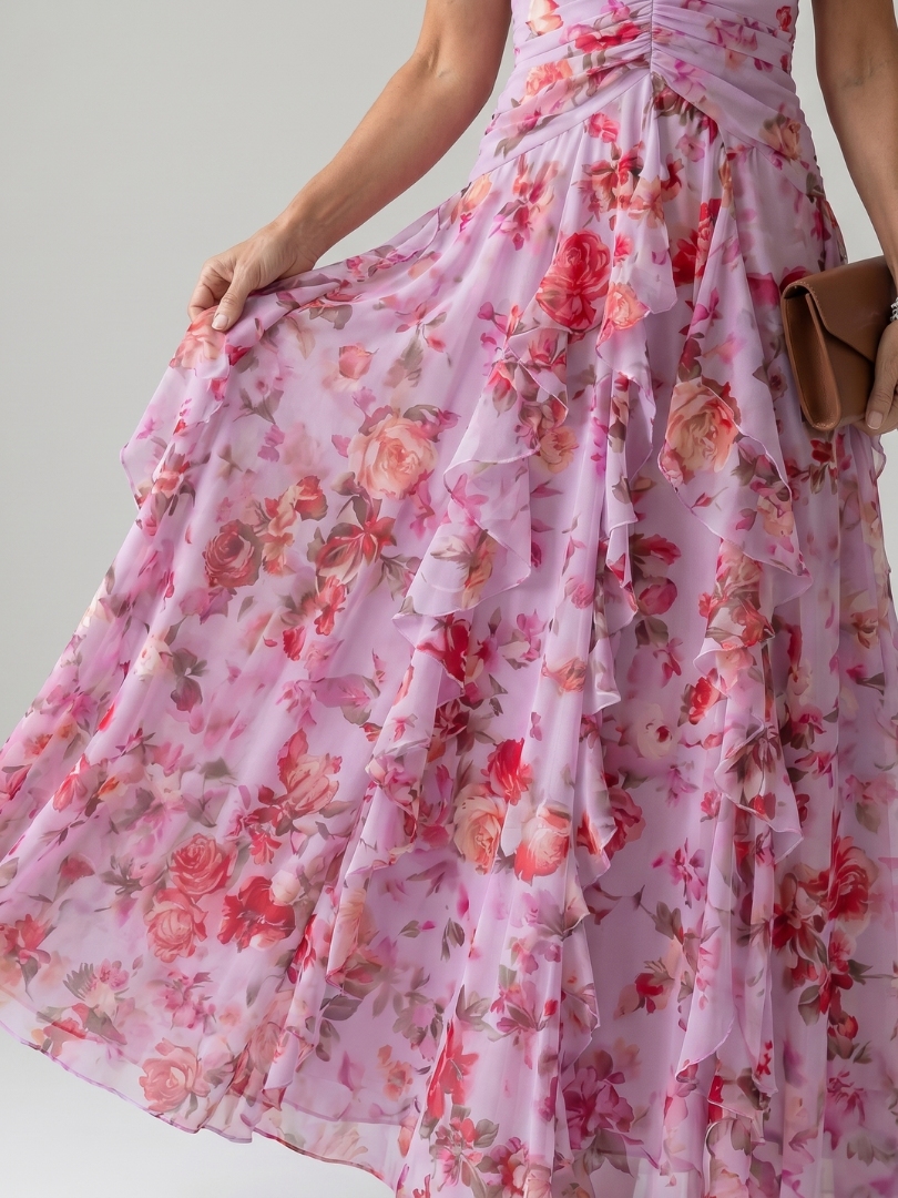 Nori | Floral Maxi Dress with Sweetheart Neckline and Ruffled Top