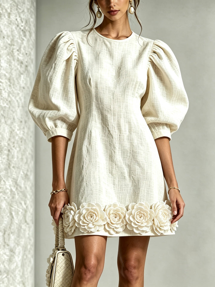 Angelina | 3D FLORAL PUFF-SLEEVE MINI DRESS