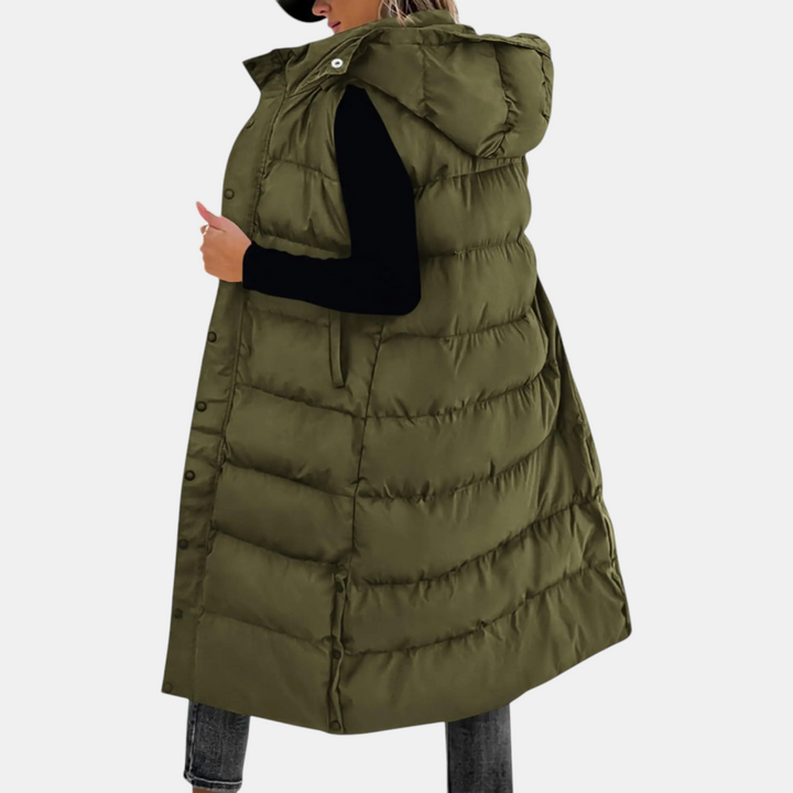 Wynona | Puffer Vest Quilted Hooded Maxi Length Button Down