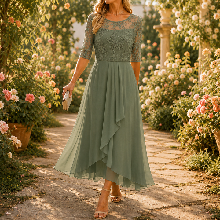 Elowen | Embroidered Lace Bodice Midi Dress for Weddings