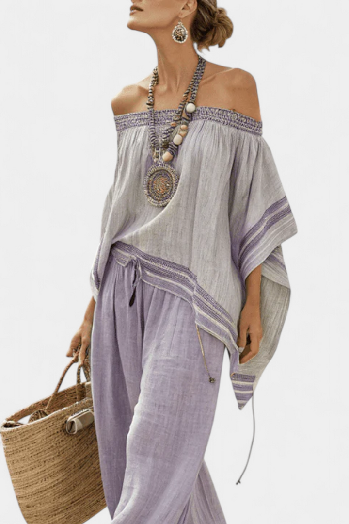 Zandrel | Elegant Off-Shoulder Top &amp; Wide-Leg Striped Pants