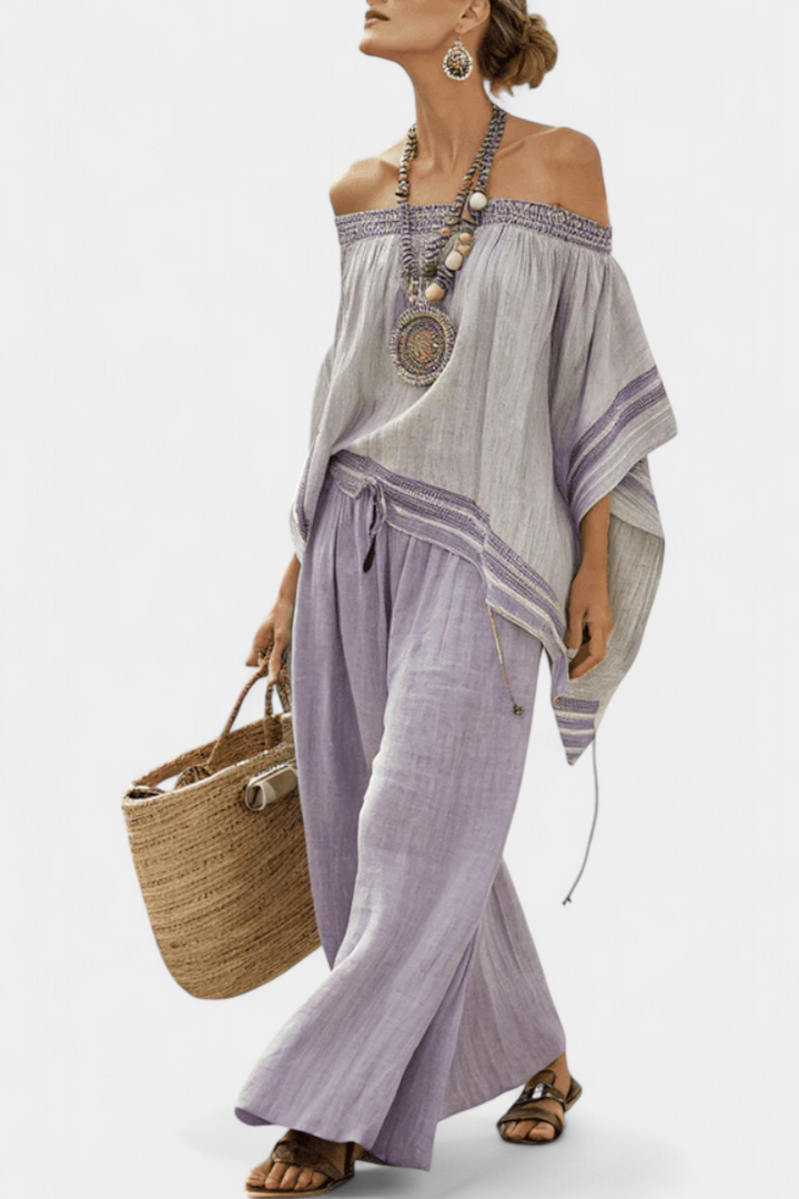 Zandrel | Elegant Off-Shoulder Top &amp; Wide-Leg Striped Pants