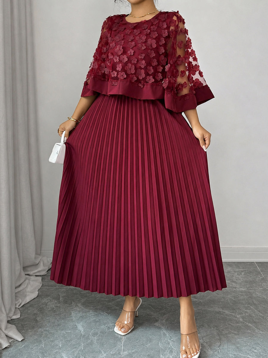 Sheryl | Split-Joint Solid Color Pleated Plus Size Loose Round-neck Maxi Dresses