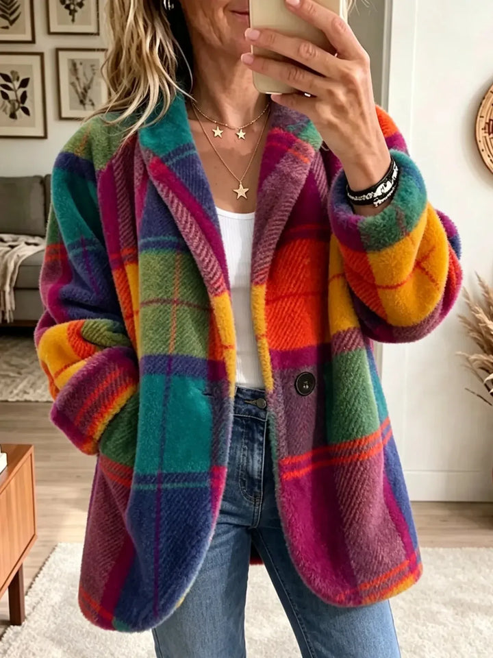 Philippa | Vibrant Plaid Fuzzy Fleece Jacket