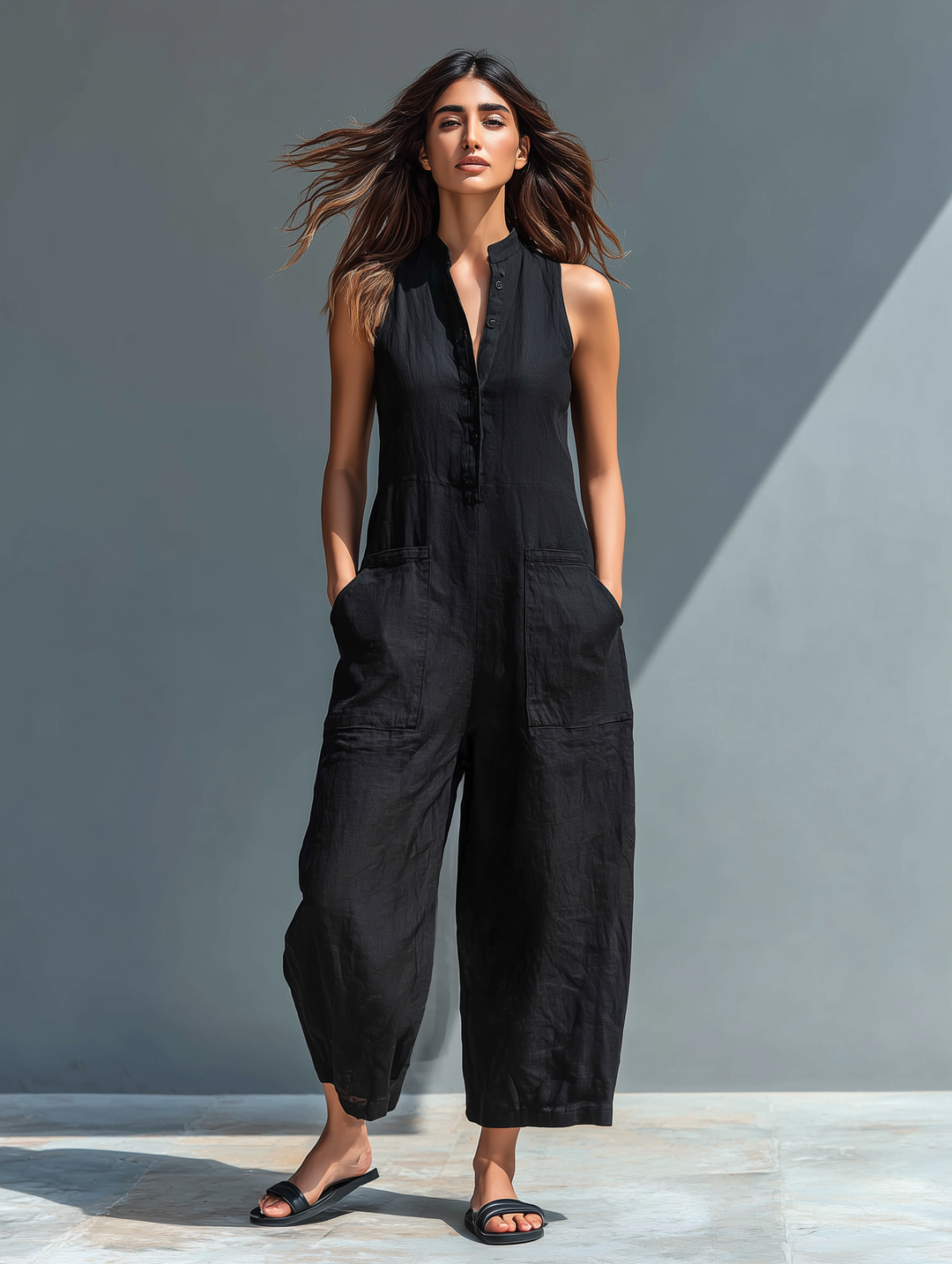 Sienna | Sleeveless jumpsuit with high collar, made of mixed linen and buttons