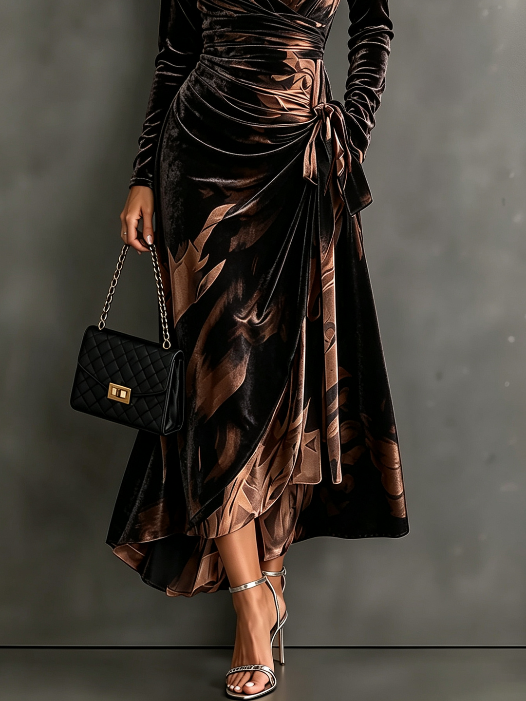 Tillie | Brown Abstract Print Velvet Wrap Midi Dress, V-Neck Collar, Long Sleeves, Tie Waist, Asymmetrical Hem
