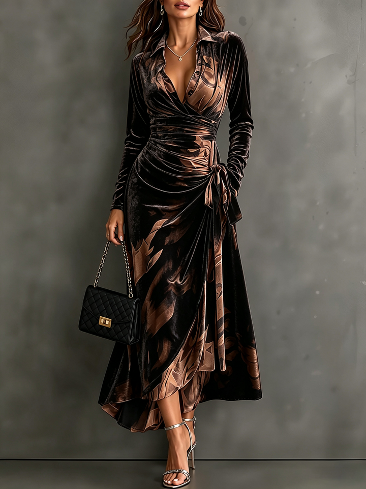 Tillie | Brown Abstract Print Velvet Wrap Midi Dress, V-Neck Collar, Long Sleeves, Tie Waist, Asymmetrical Hem