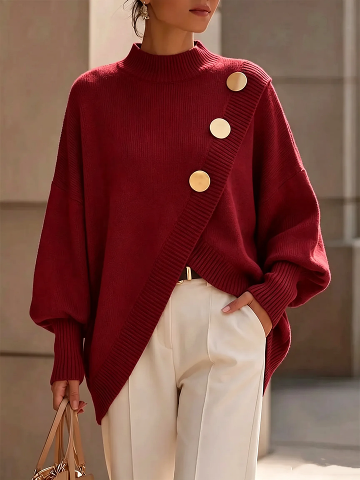 Pauleen | Elegant Asymmetrical Gold-Button Knit Sweater