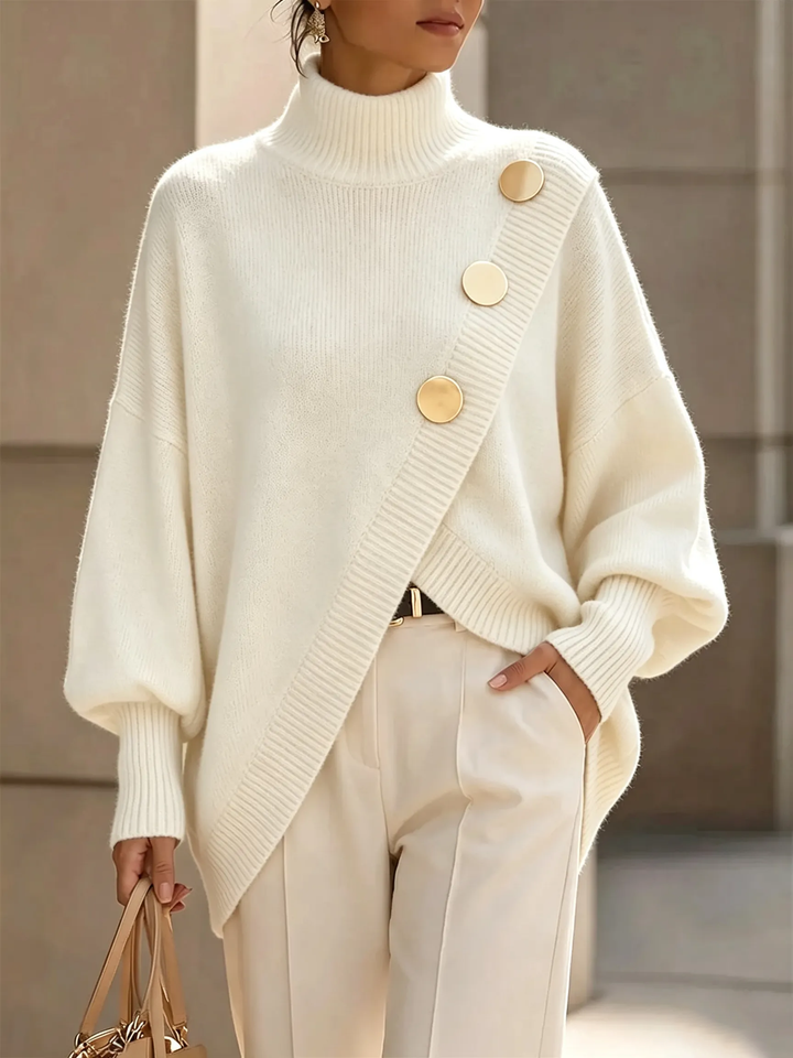 Pauleen | Elegant Asymmetrical Gold-Button Knit Sweater