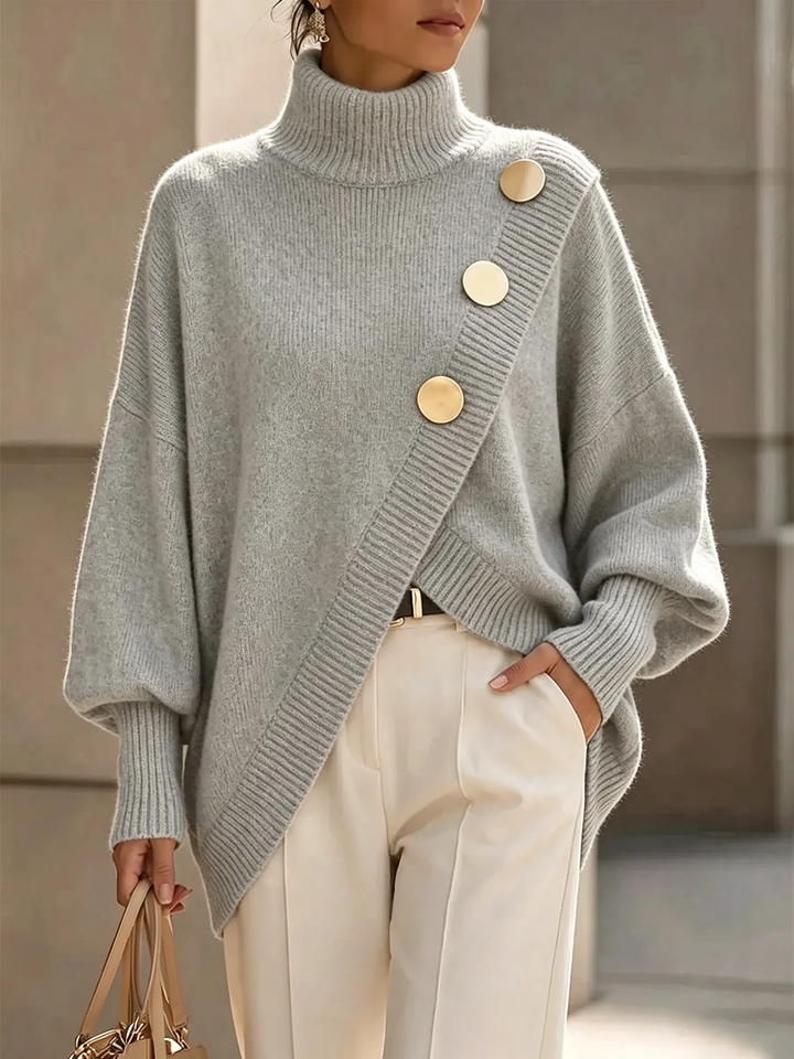 Pauleen | Elegant Asymmetrical Gold-Button Knit Sweater