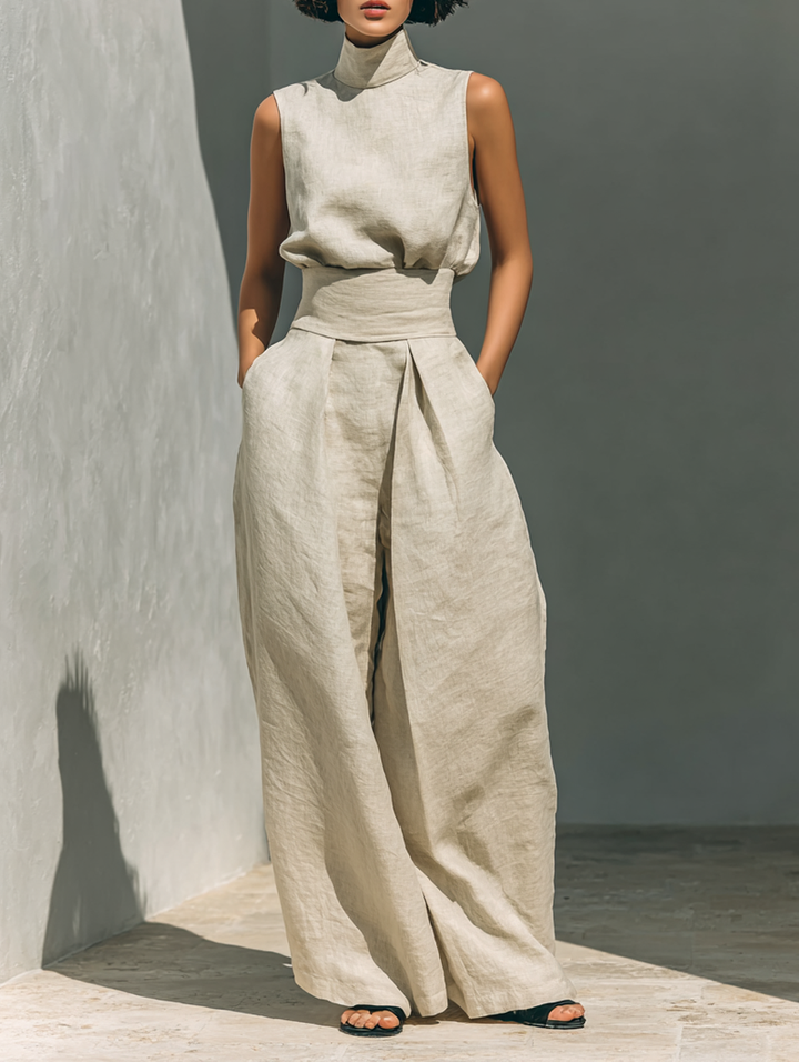 Serena | Set consisting of a sleeveless blouse and wide-leg pants, in a cotton-linen blend fabric
