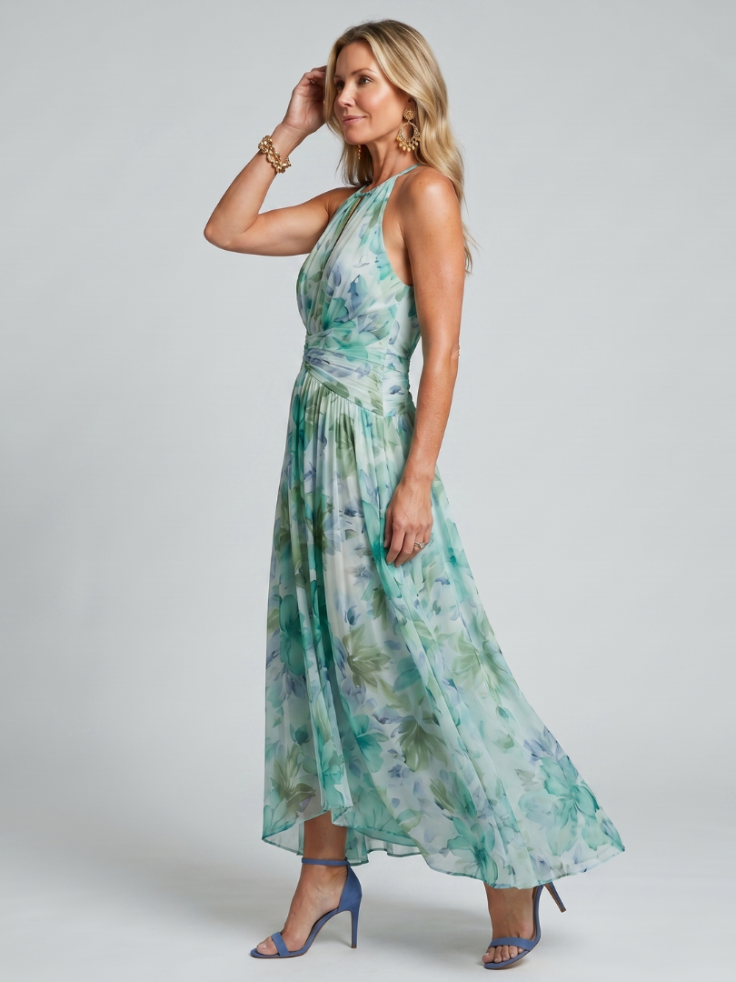 Portia | Pleated Strapless Midi Dress with Delicate Floral Pattern