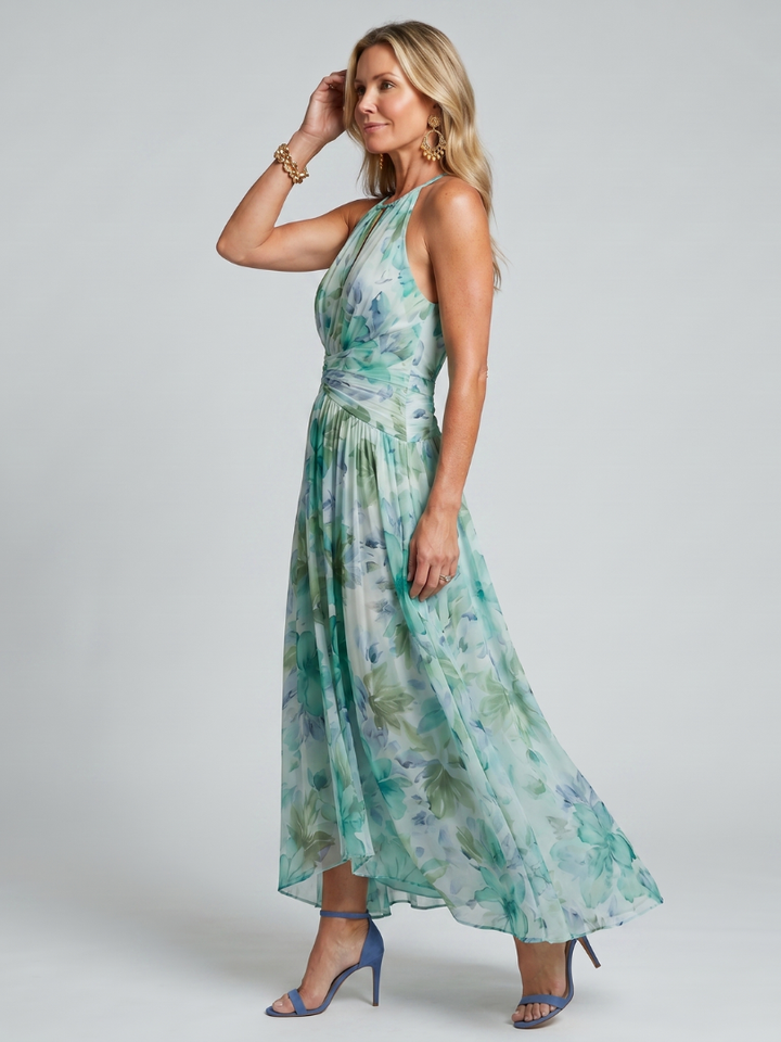 Portia | Pleated Strapless Midi Dress with Delicate Floral Pattern