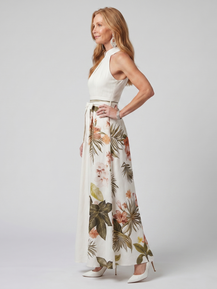Meadow | Maxi dress with draped neckline and botanical inserts