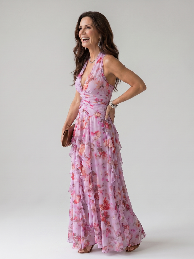 Nori | Floral Maxi Dress with Sweetheart Neckline and Ruffled Top