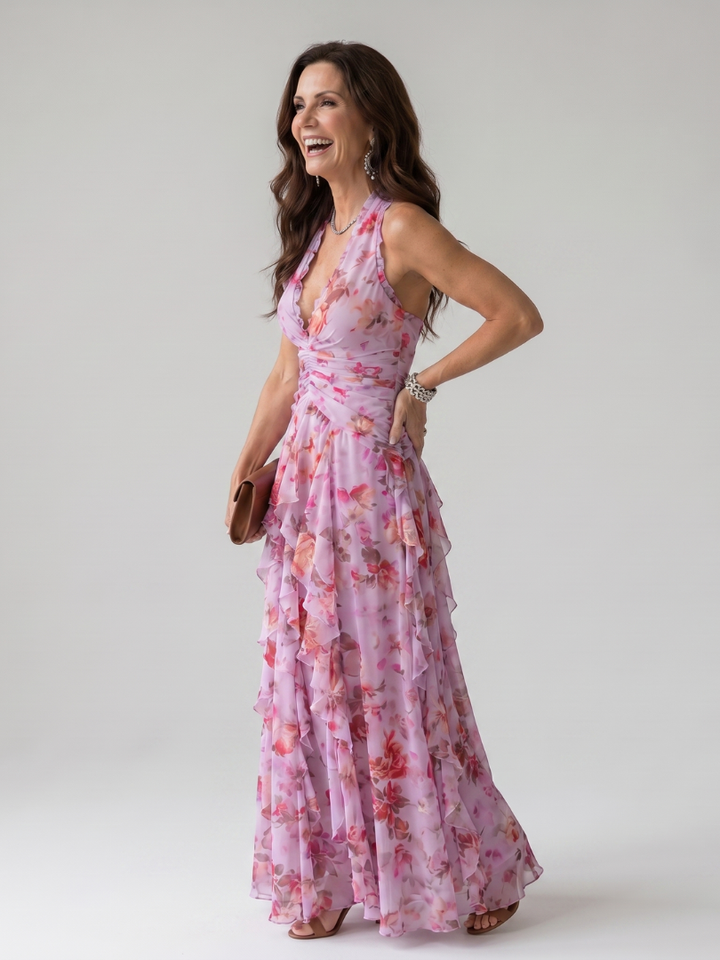 Nori | Floral Maxi Dress with Sweetheart Neckline and Ruffled Top