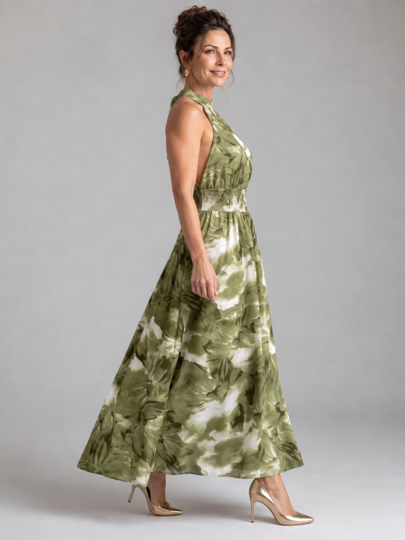 Olivia | Midi Dress with Abstract Print and Ruffle Band at the Waist
