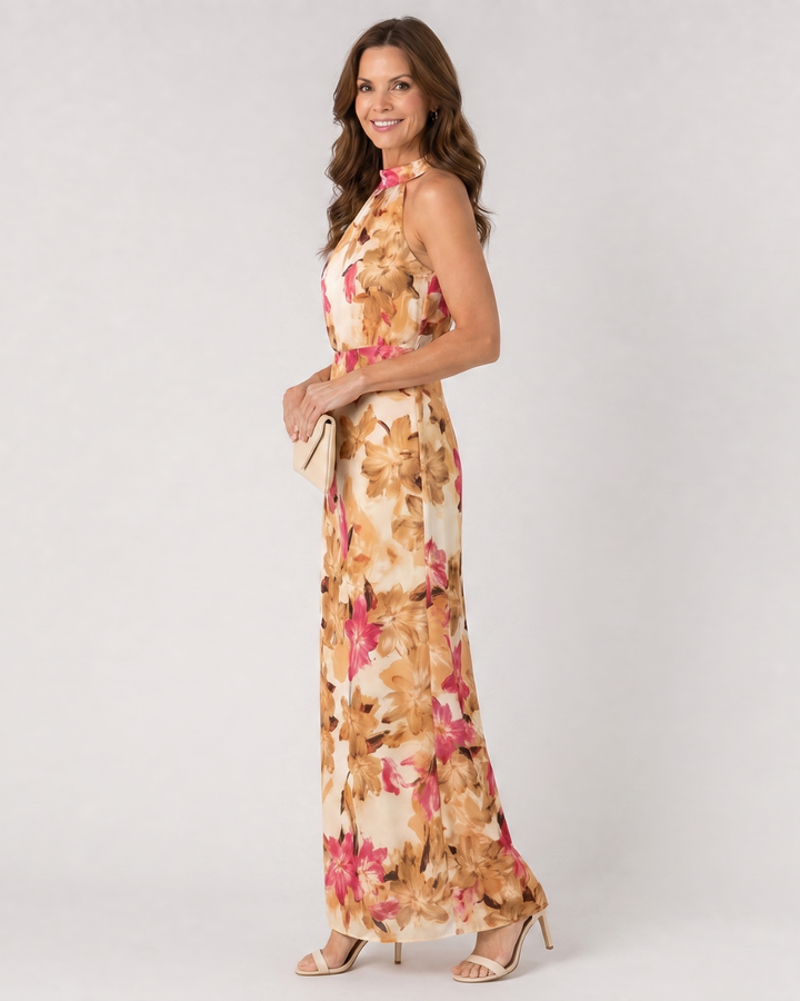 Cekel | Midi Dress with Botanical Print, Back Cutout, and Flowing Skirt