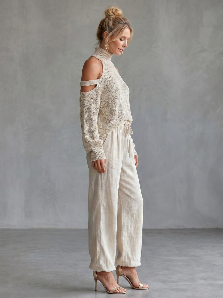 Questa | Open Shoulder Knit Top And Wide Leg Pants Set