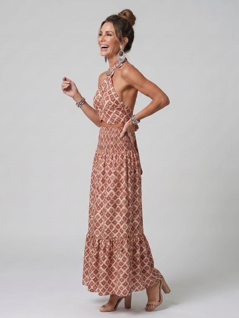 Amira | Midi dress with geometric print and crossed straps