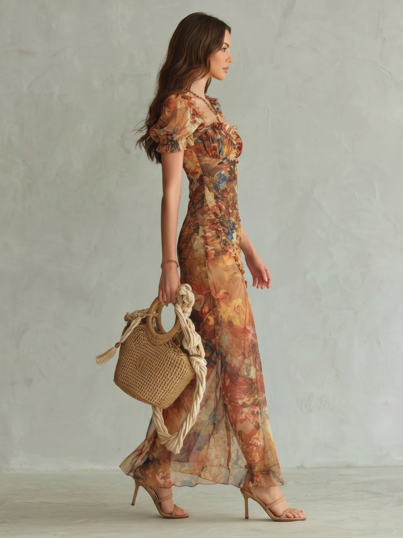 Sky | Midi Dress with Ruffled Sleeves and Slit