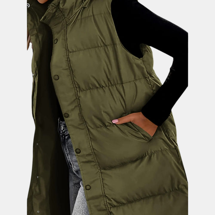 Wynona | Puffer Vest Quilted Hooded Maxi Length Button Down
