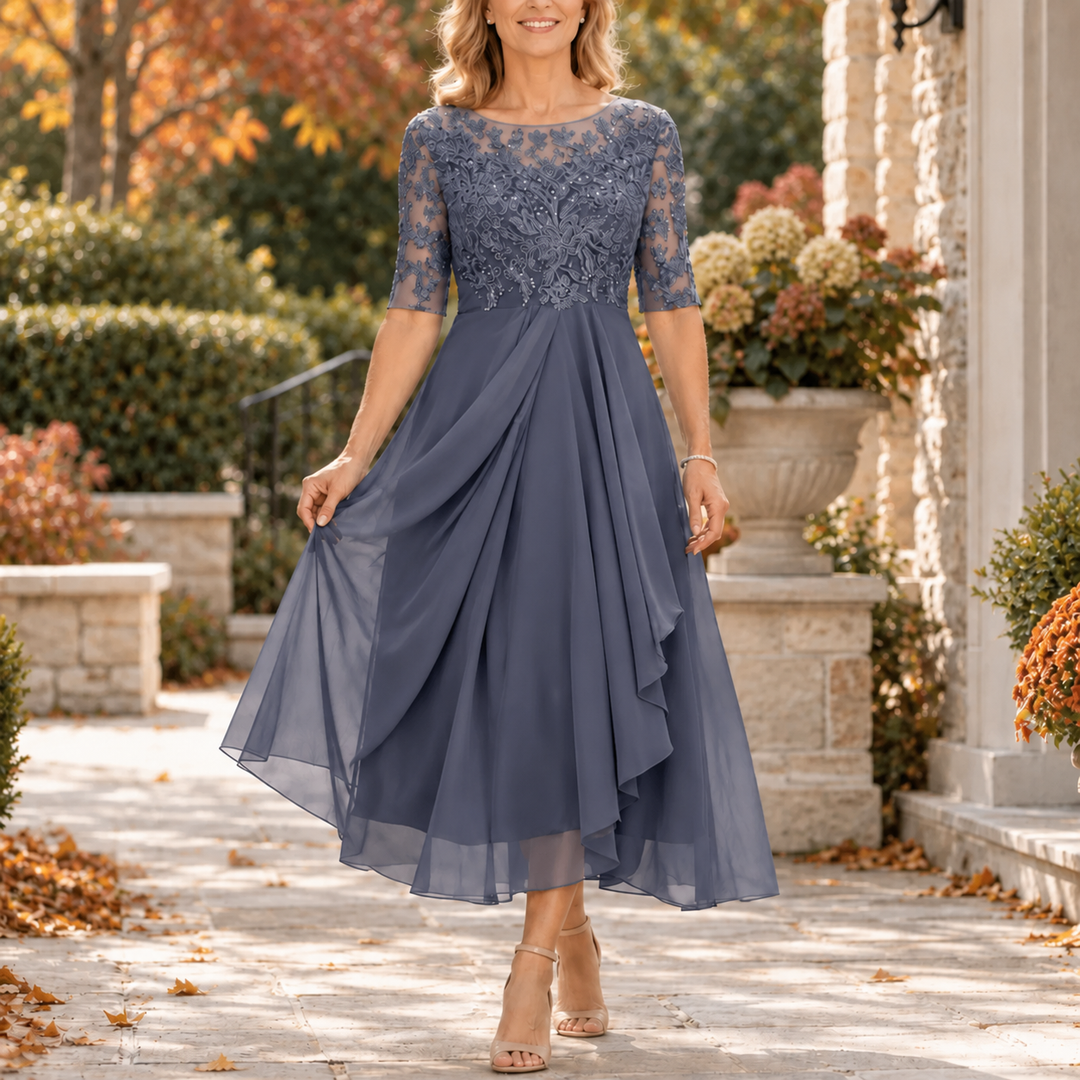 Sophia | Lace Bodice Draped Midi Dress