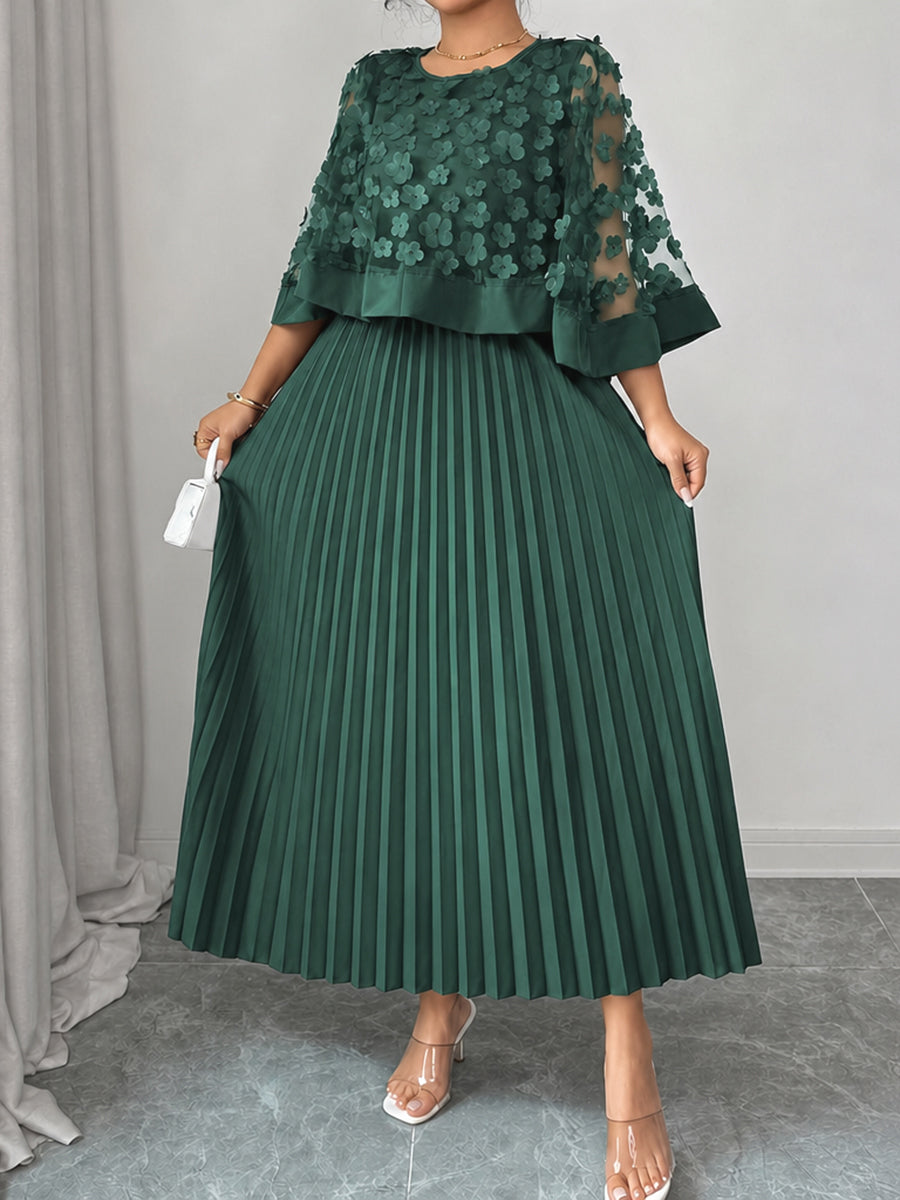 Sheryl | Split-Joint Solid Color Pleated Plus Size Loose Round-neck Maxi Dresses