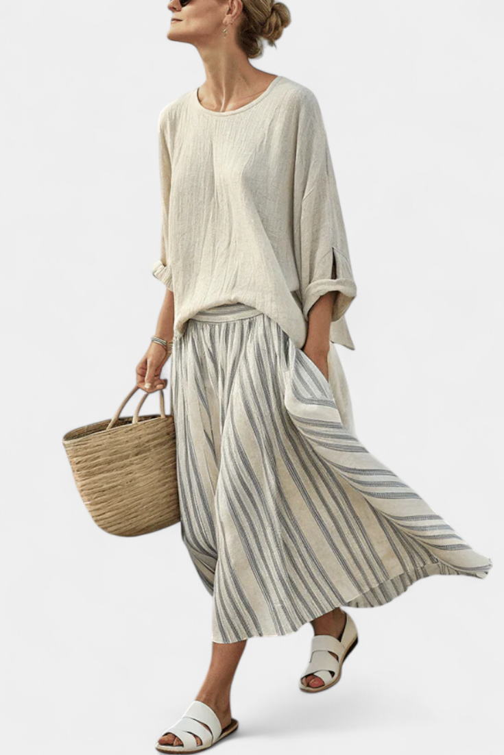 Aurcyn | Comfortable Loose Blouse &amp; Striped Midi Skirt