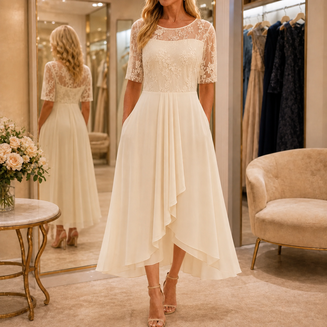 Elowen | Embroidered Lace Bodice Midi Dress for Weddings