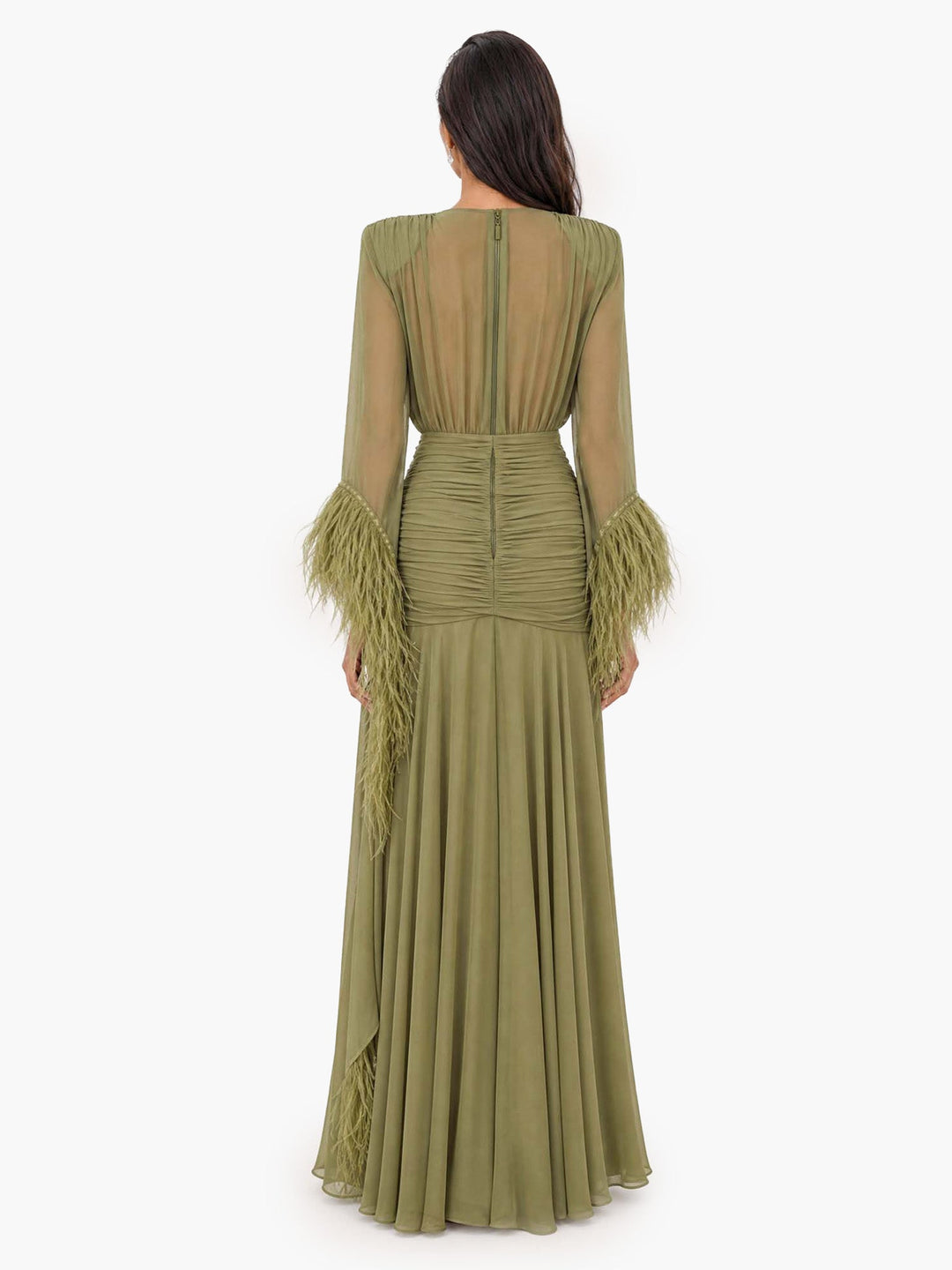 Eva | Elegant V-Neck Feather Cuff Flowing Chiffon Maxi Dress