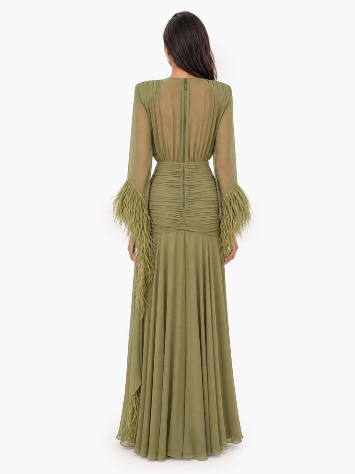 Eva | Elegant V-Neck Feather Cuff Flowing Chiffon Maxi Dress