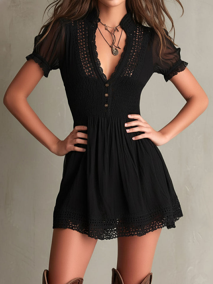 Crystal | Classic Muse Smocked Lace-Trim Black Mini Dress