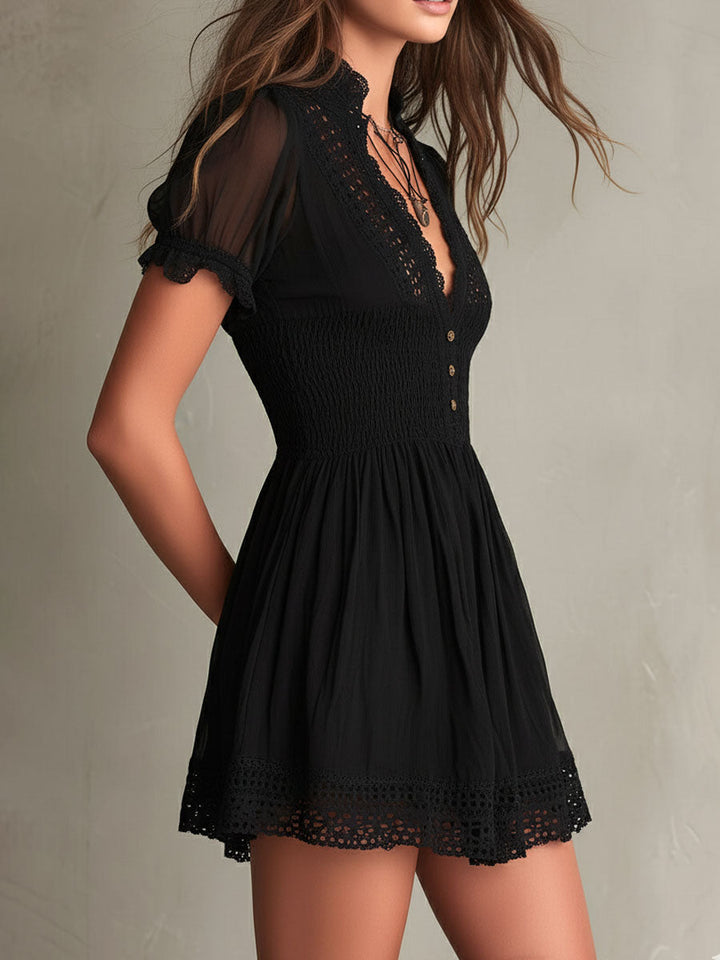 Callie | Classic Muse Smocked Lace-Trim Black  Mini Dress