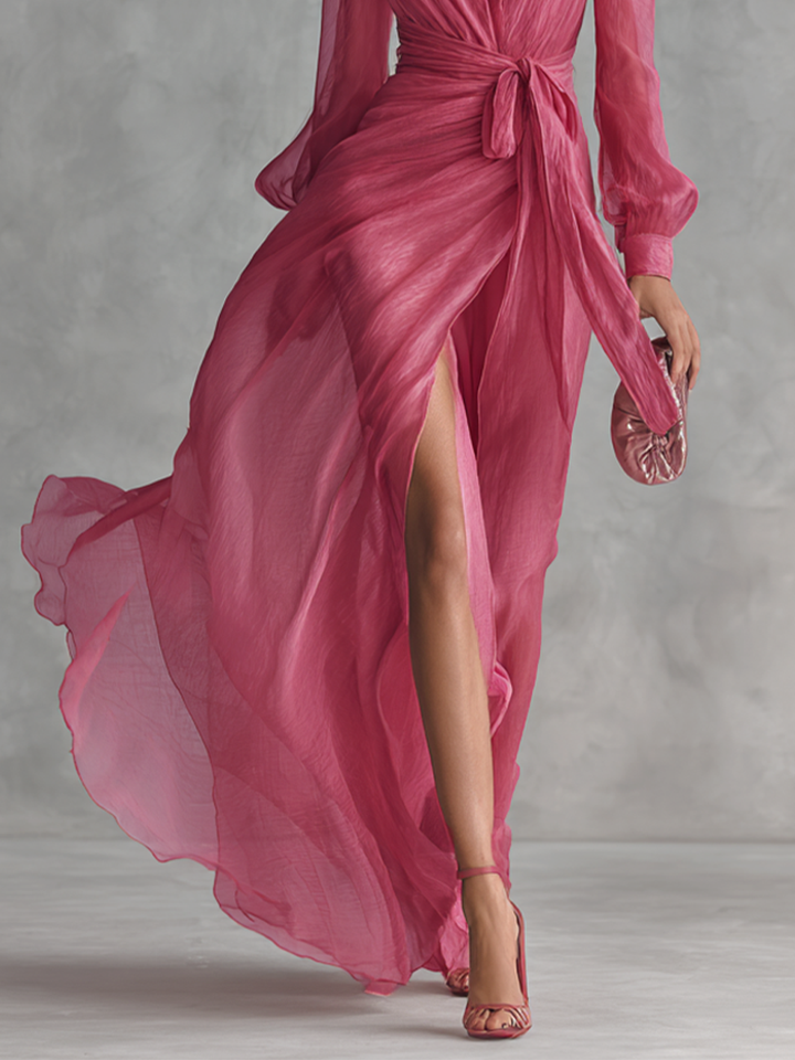 Maylis | Pink Chiffon Maxi Dress, V-Neck