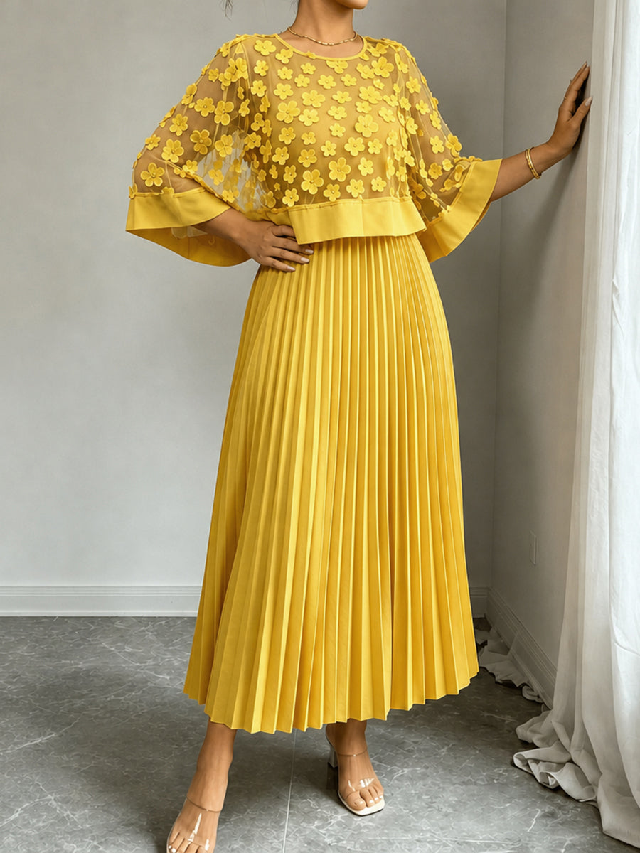 Sheryl | Split-Joint Solid Color Pleated Plus Size Loose Round-neck Maxi Dresses