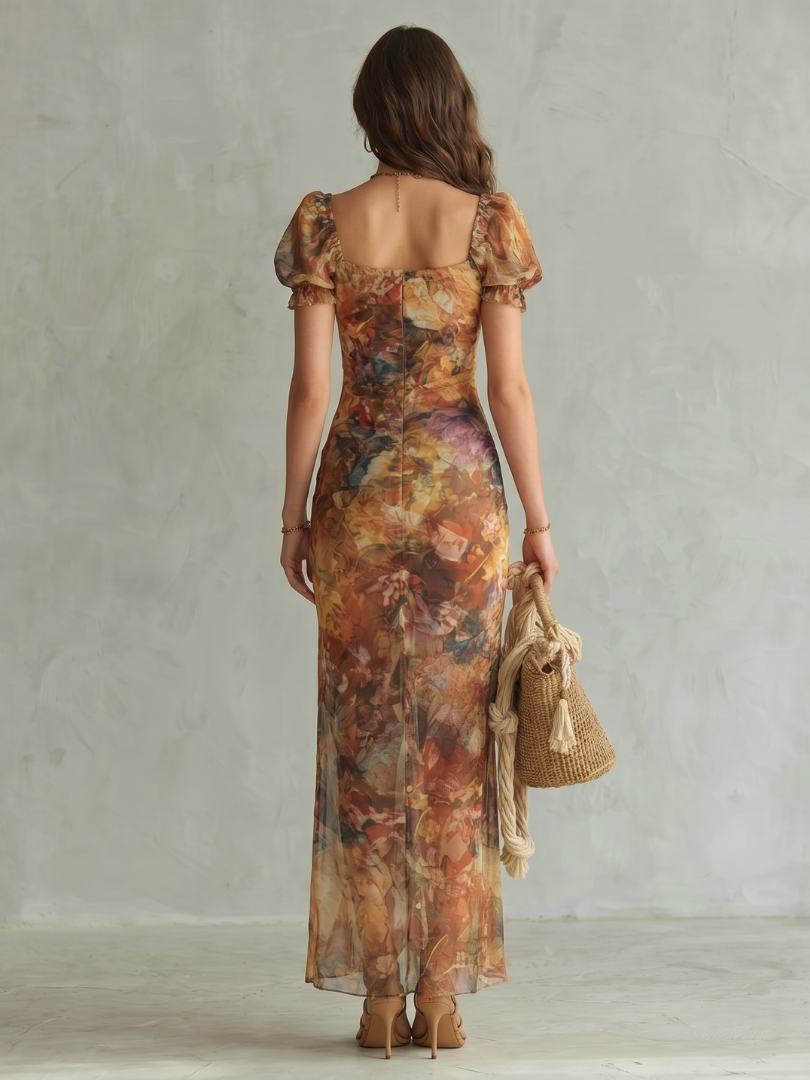 Sky | Midi Dress with Ruffled Sleeves and Slit