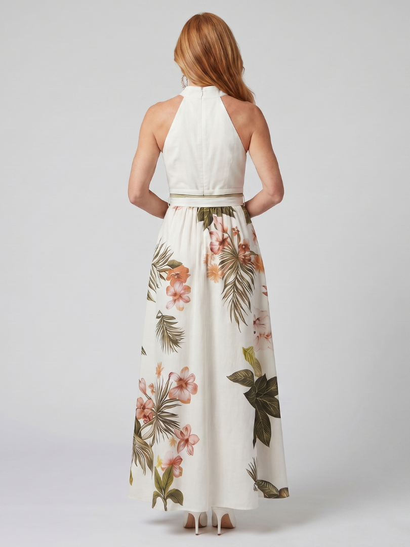 Meadow | Maxi dress with draped neckline and botanical inserts