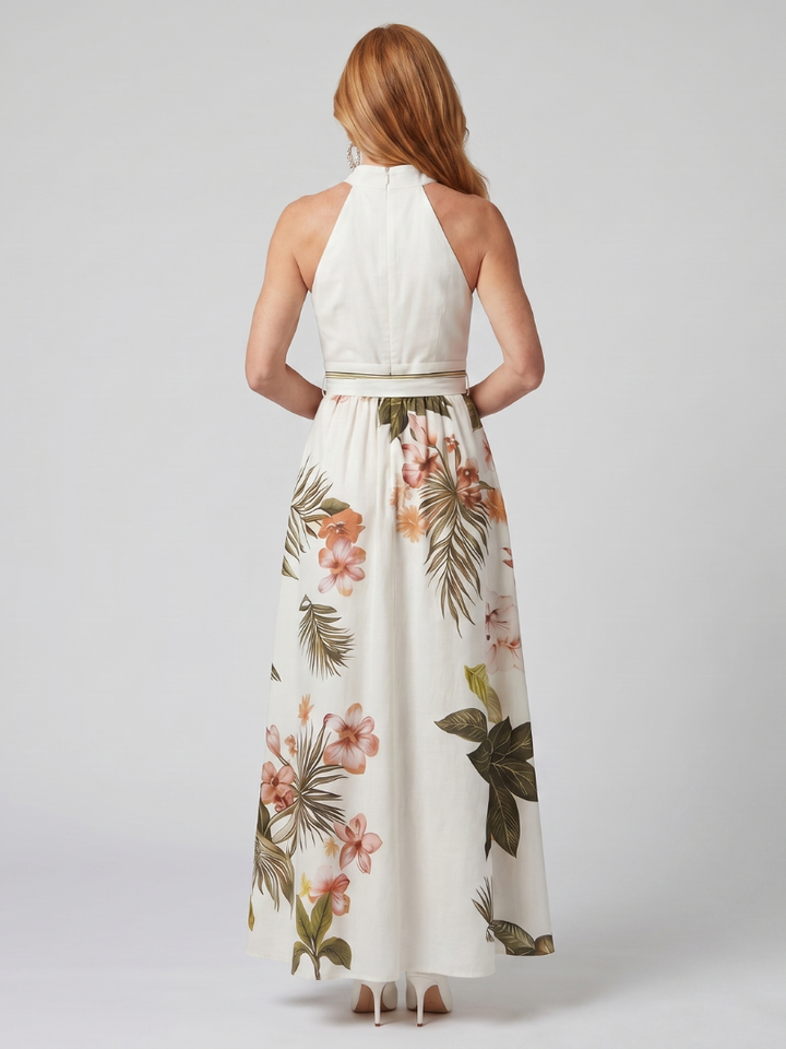 Meadow | Maxi dress with draped neckline and botanical inserts