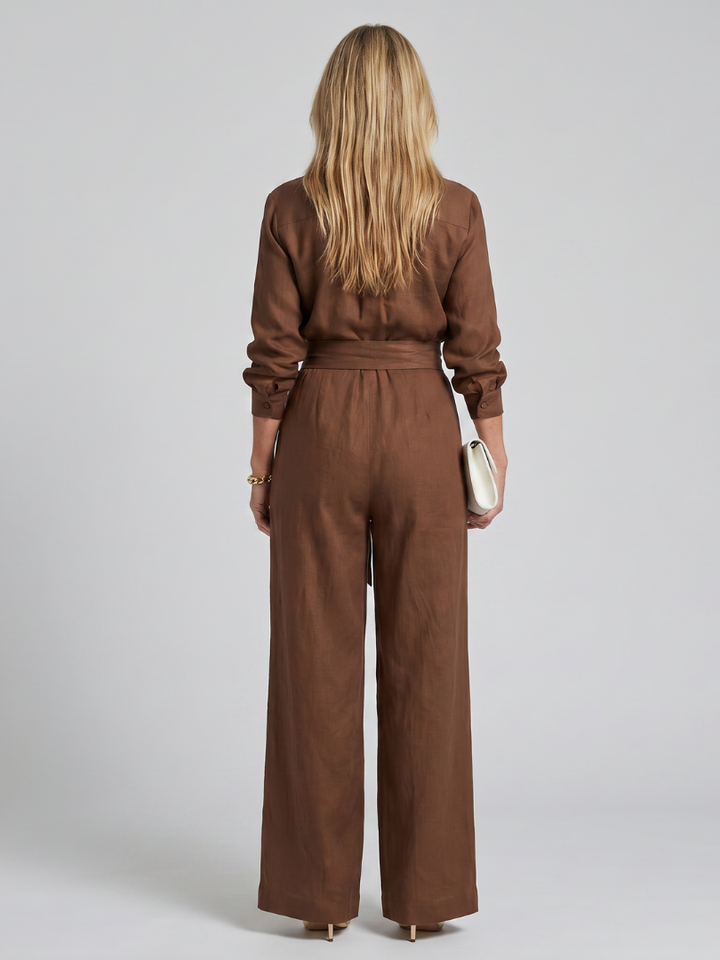 Jovie | Long Sleeve Button Front Wide Leg Jumpsuit